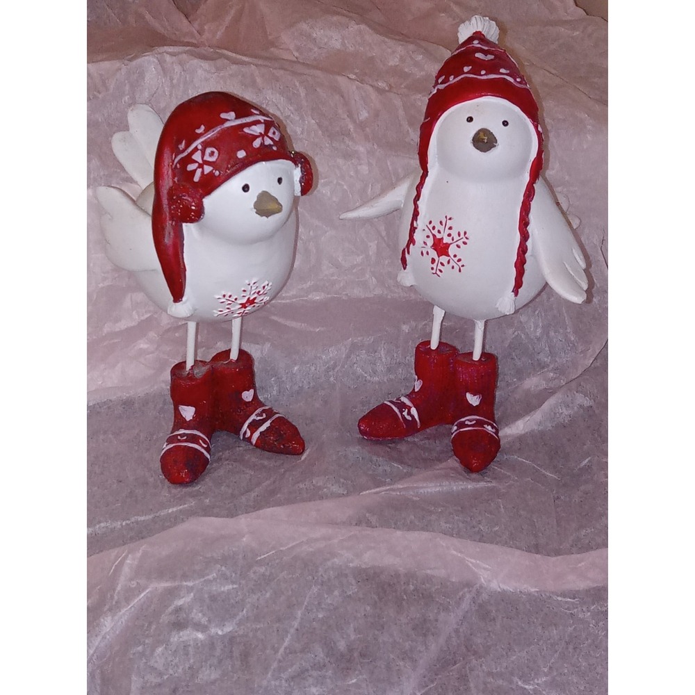 Christmas Holiday Winter Bird Figurines Decorations Red Hats & Boots Farmhouse
